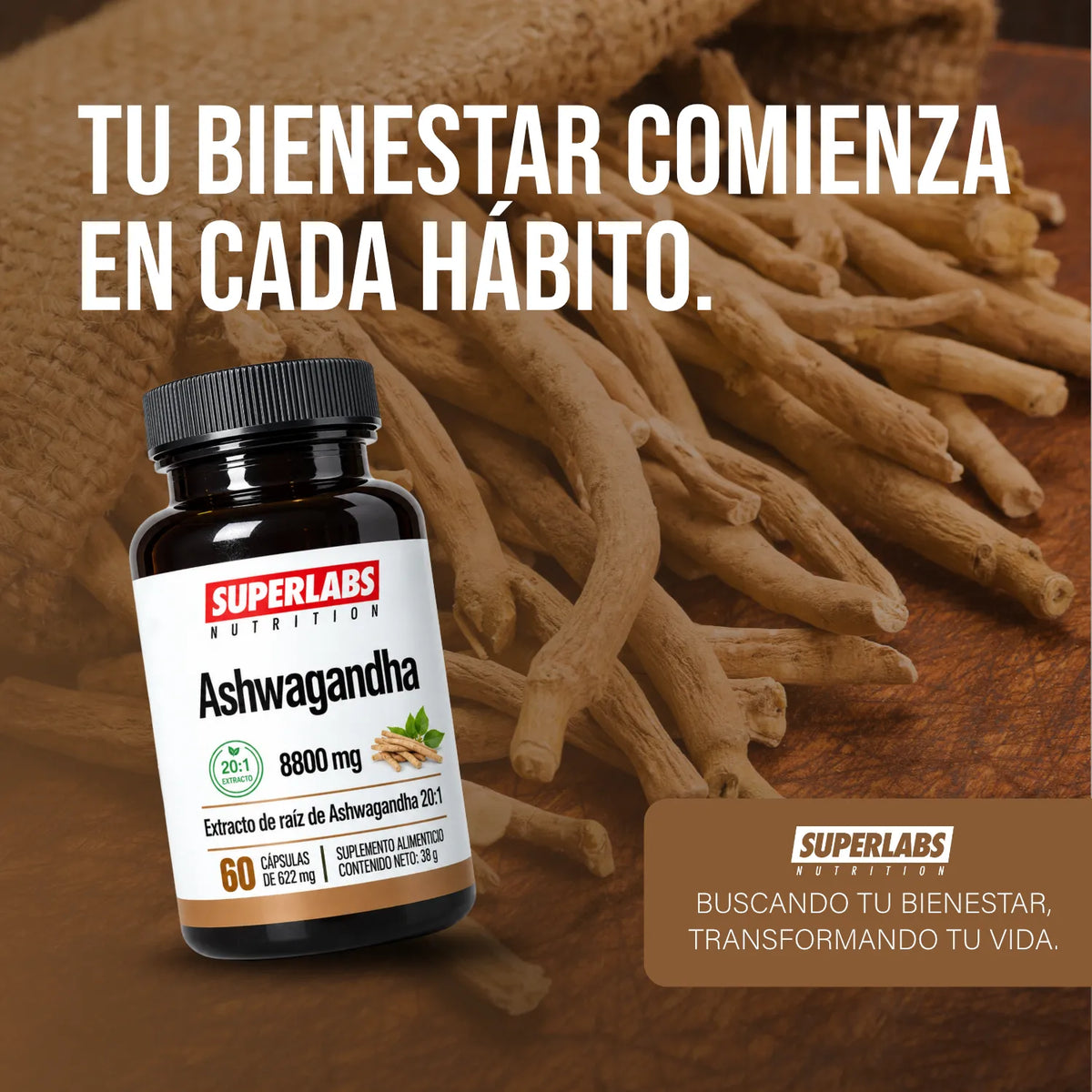 Ashwagandha 8800 mg Superlabs Nutrition 60 Cápsulas Extracto de Raíz 20:1 Suplemento Alimenticio para Estrés Relajación Energía y Bienestar General