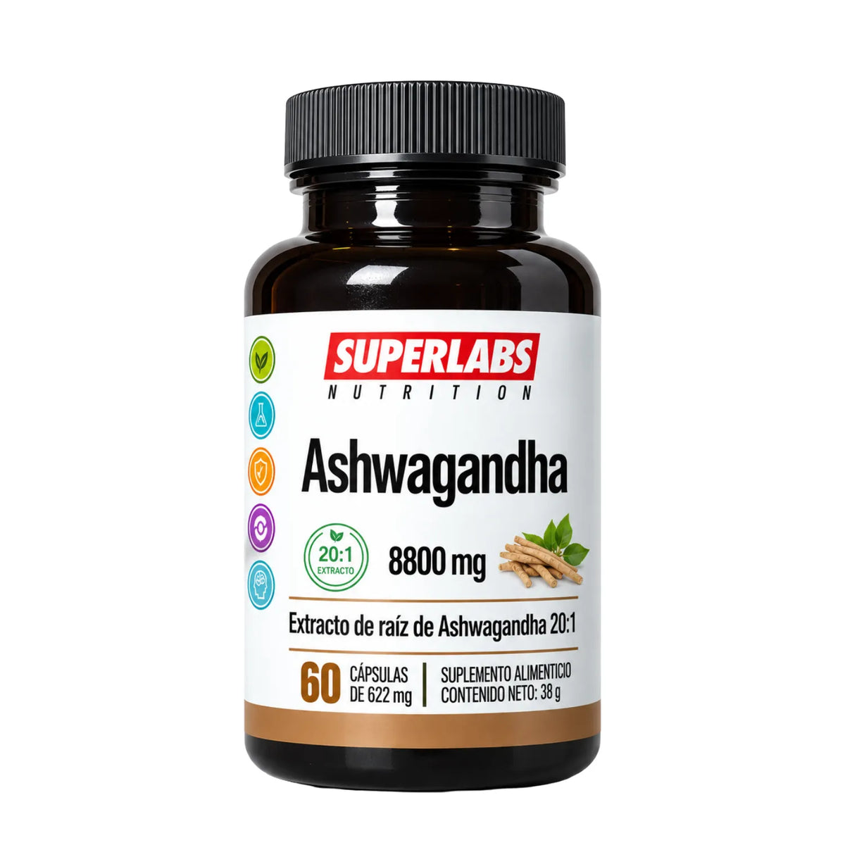 Ashwagandha 8800 mg Superlabs Nutrition 60 Cápsulas Extracto de Raíz 20:1 Suplemento Alimenticio para Estrés Relajación Energía y Bienestar General