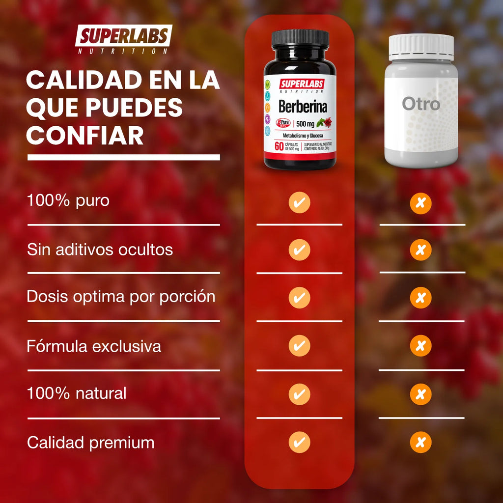 Extracto de Berberina 500 mg Superlabs Nutrition 60 Cápsulas Suplemento Alimenticio para Apoyo Metabólico y Bienestar Digestivo