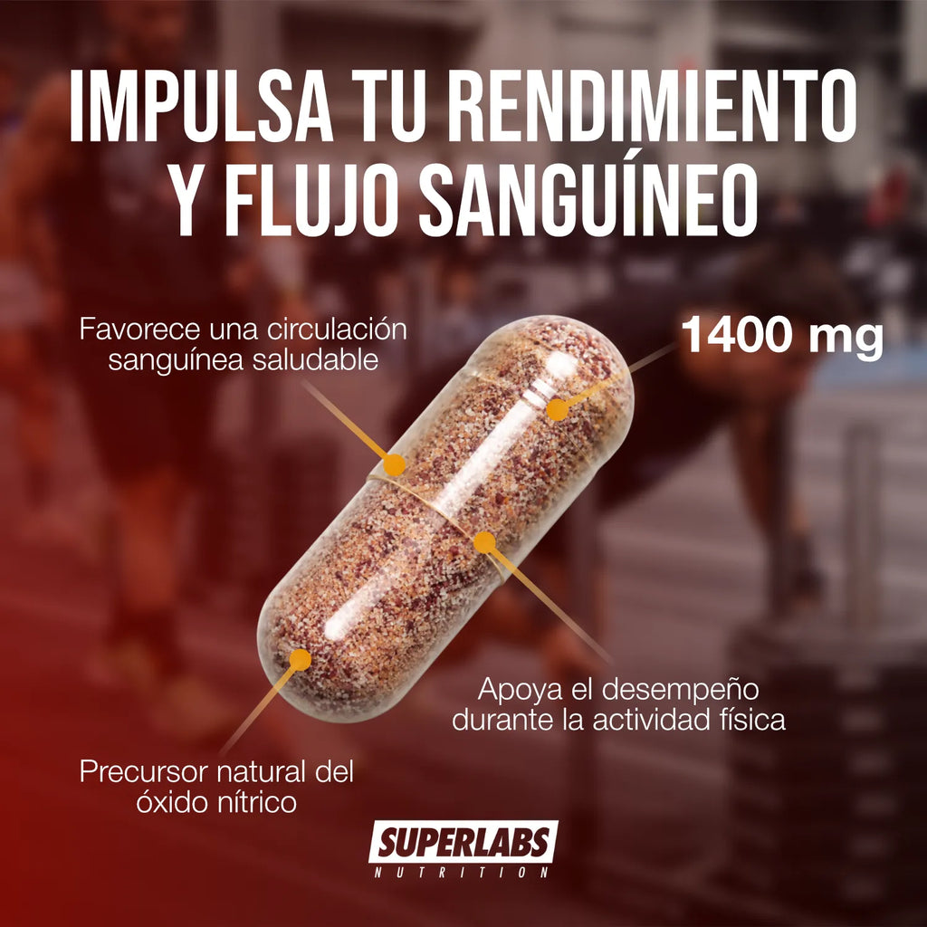L-Arginina 1400 mg Superlabs Nutrition 60 Cápsulas Suplemento Alimenticio para Rendimiento Físico Circulación y Producción de Óxido Nítrico
