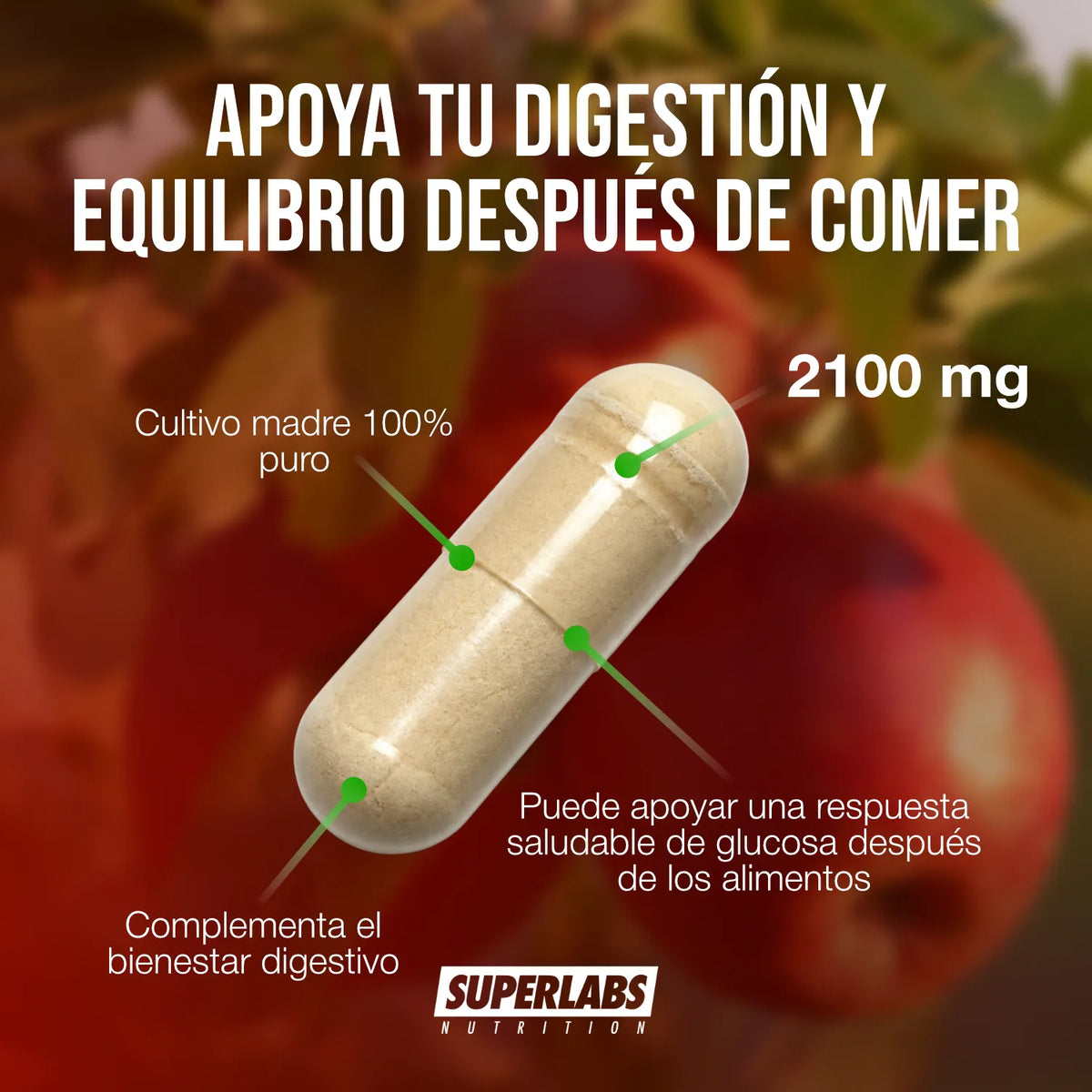 Vinagre de Manzana Superlabs Nutrition 100 Cápsulas con Cultivo Madre Suplemento Alimenticio para Apoyo Digestivo Metabólico y Bienestar General