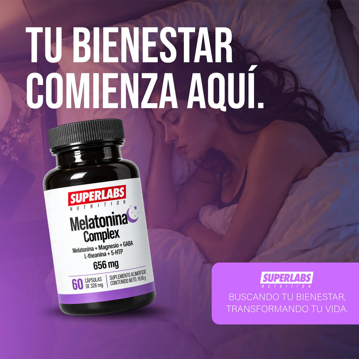 Melatonina Complex 586 mg Superlabs Nutrition con Magnesio GABA L-Teanina y 5-HTP Suplemento Alimenticio para Descanso Relajación y Sueño