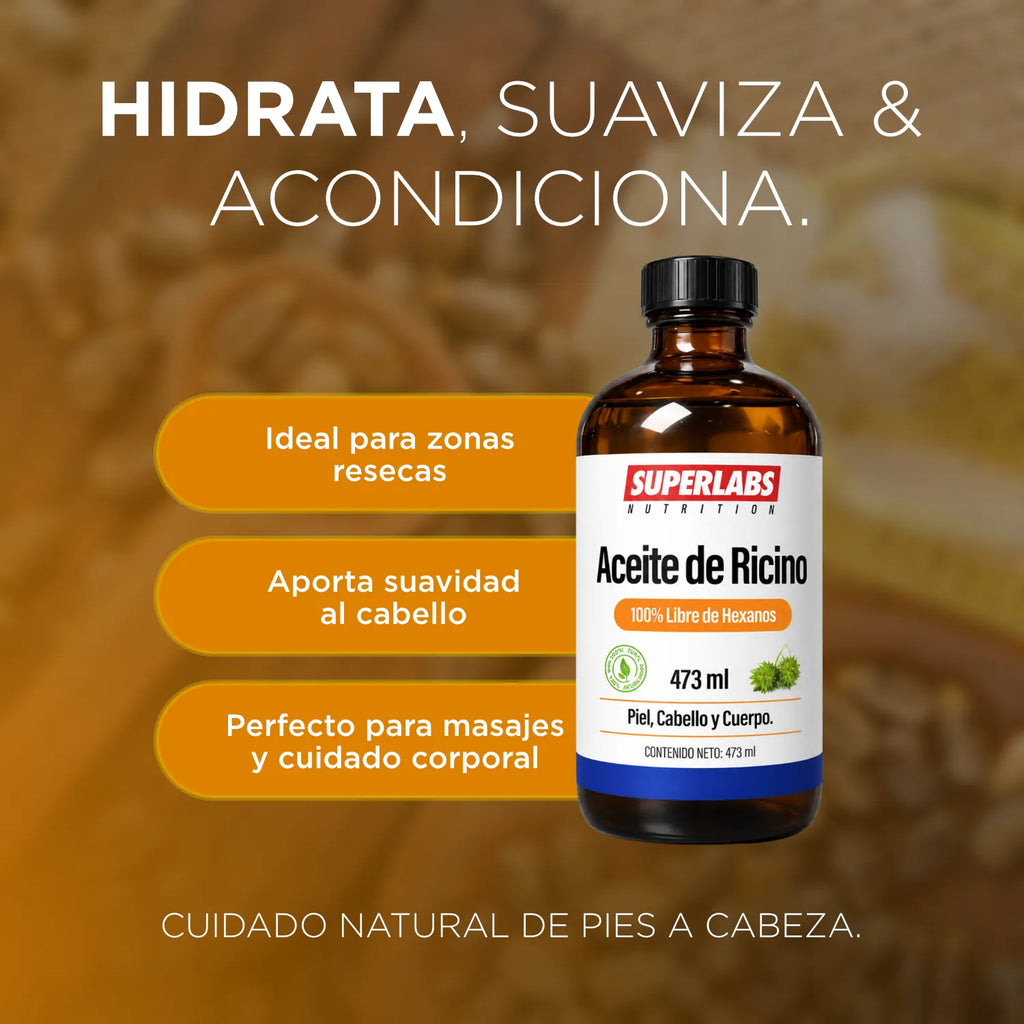 Aceite de Ricino 473 ml Superlabs Nutrition Castor Oil Aceite Natural para Cabello Pestañas Cejas Piel y Cuidado Corporal