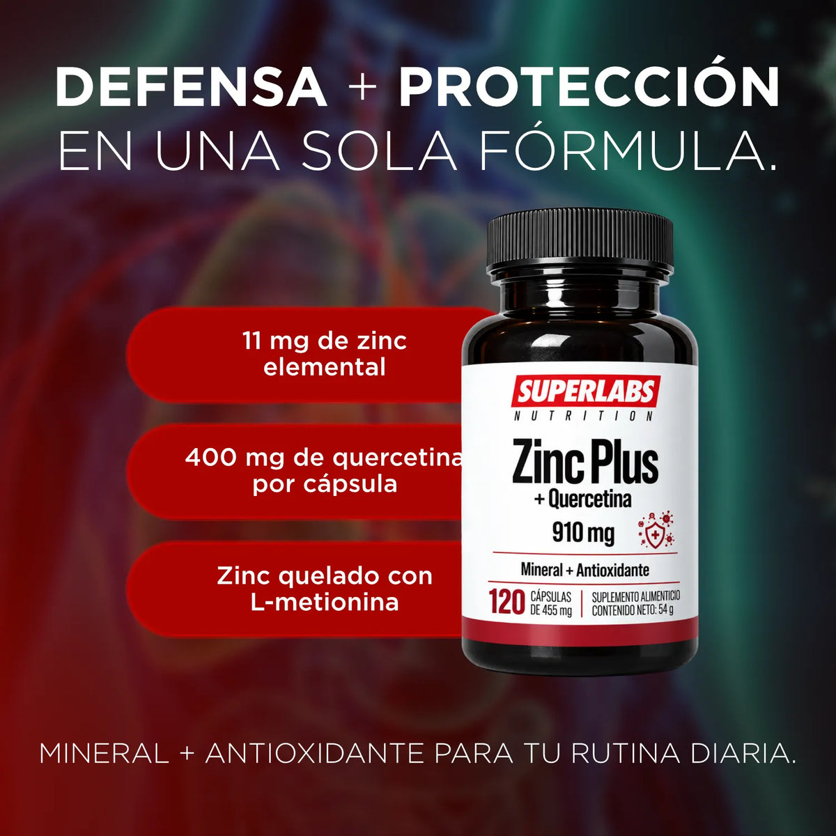 Zinc con Quercetina 910 mg Superlabs Nutrition 120 Cápsulas Suplemento Alimenticio Mineral y Antioxidante para Apoyo al Sistema Inmune