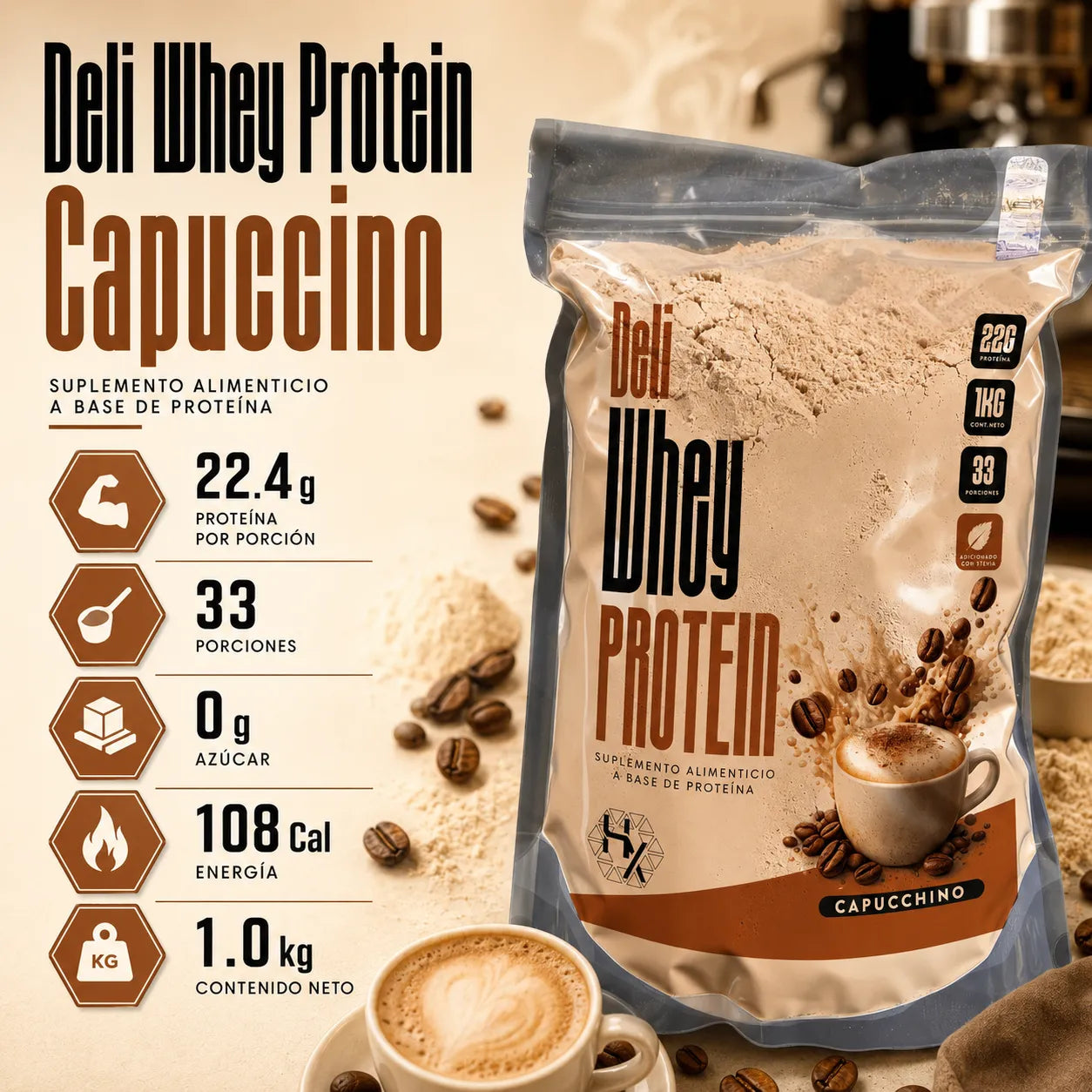 Holix Lab Whey Protein Deli 22g Proteína 1 Kg Sabor Capuccino