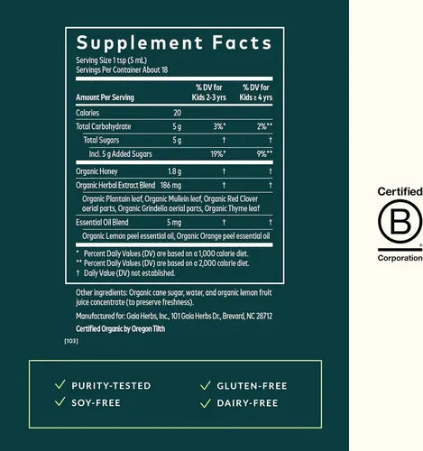 GAIA HERBS | GaiaKids Bronchial Wellness Jarabe Herbal con Miel y Gordolobo | 89 ml | Apoyo Respiratorio y Bienestar de la Garganta Infantil