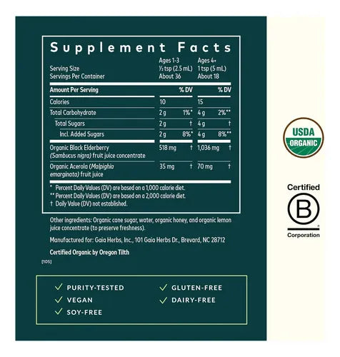GAIA HERBS | GaiaKids Black Elderberry Jarabe de Saúco Negro con Acerola | 89 ml | Apoyo al Sistema Inmunológico Infantil y Antioxidantes