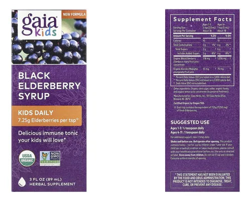 GAIA HERBS | GaiaKids Black Elderberry Jarabe de Saúco Negro con Acerola | 89 ml | Apoyo al Sistema Inmunológico Infantil y Antioxidantes