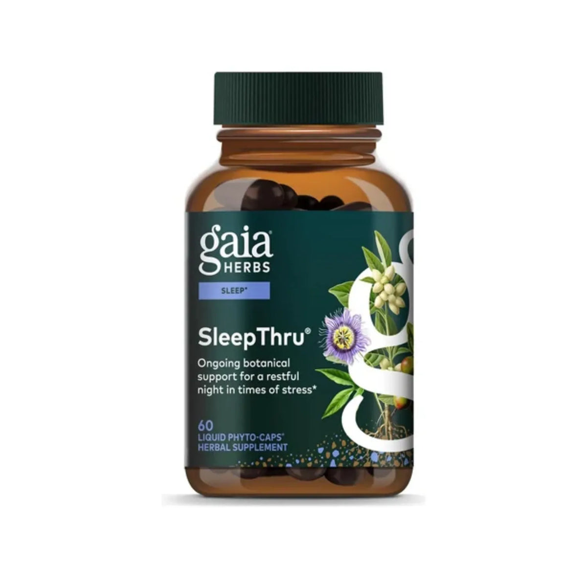 GAIA HERBS | SleepThru con Ashwagandha y Pasiflora | 60 Cápsulas Veganas | Apoyo al Sueño, Relajación y Descanso Nocturno