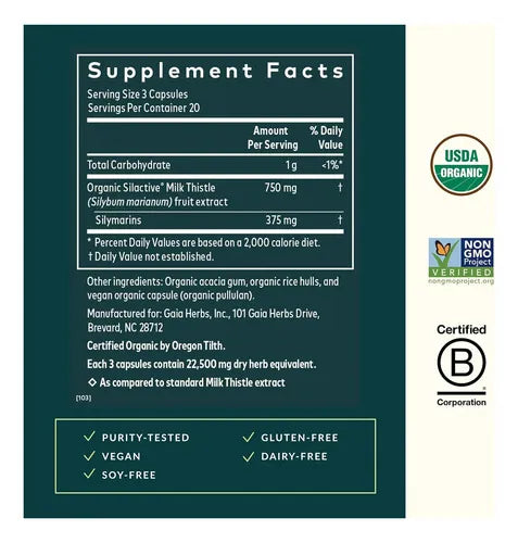GAIA HERBS | Cardo Mariano Orgánico Milk Thistle con Silimarina | 120 Cápsulas Veganas | Apoyo a la Salud Hepática y Bienestar Digestivo