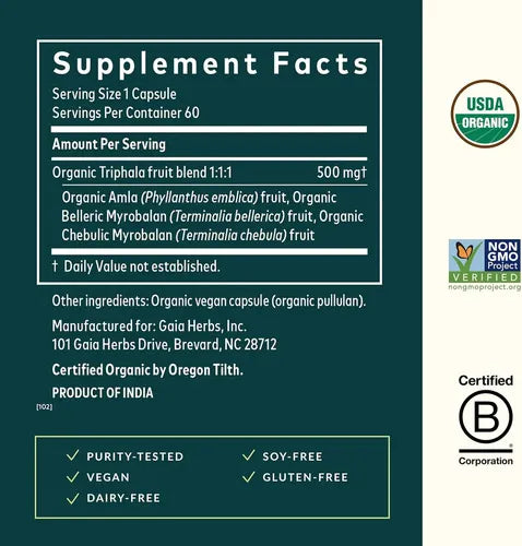GAIA HERBS | Triphala Fruit Mezcla de 3 Frutas Orgánicas 500 mg | 60 Cápsulas Veganas | Salud Digestiva y Regularidad Intestinal