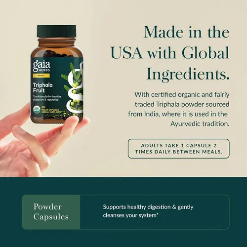 GAIA HERBS | Triphala Fruit Mezcla de 3 Frutas Orgánicas 500 mg | 60 Cápsulas Veganas | Salud Digestiva y Regularidad Intestinal