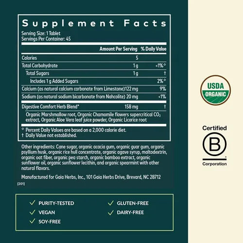 GAIA HERBS | Reflux Relief Alivio del Reflujo con Aloe Vera y Manzanilla | 45 Tabletas Masticables | Apoyo Digestivo y Bienestar Estomacal