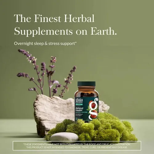 GAIA HERBS | Adrenal Health Nightly Restore con Reishi y Ashwagandha | 60 Cápsulas Veganas | Apoyo al Estrés, Relajación y Descanso Nocturno