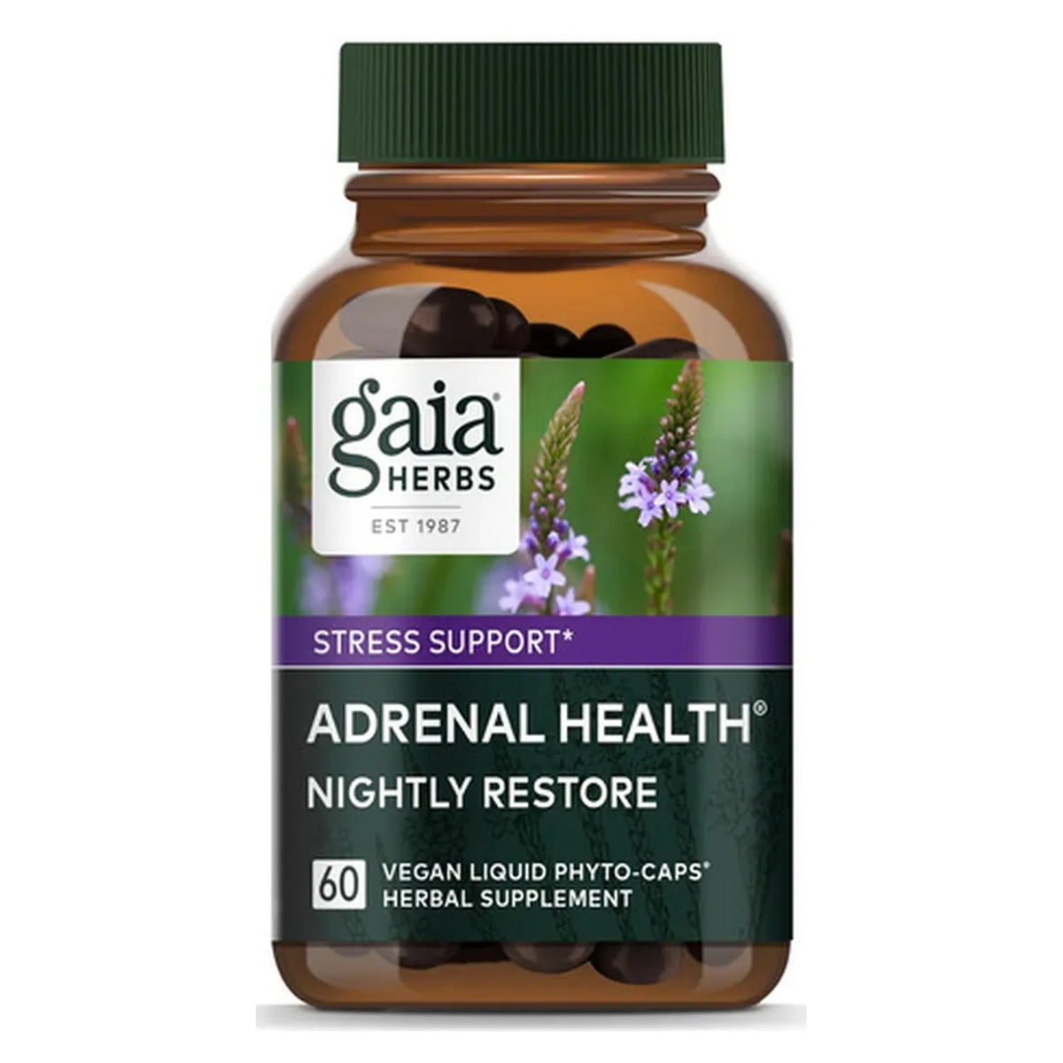 GAIA HERBS | Adrenal Health Nightly Restore con Reishi y Ashwagandha | 60 Cápsulas Veganas | Apoyo al Estrés, Relajación y Descanso Nocturno