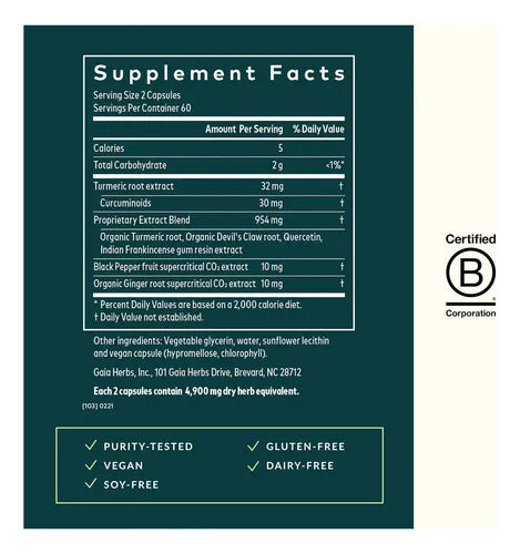 GAIA HERBS | Turmeric Supreme Joint Health Cúrcuma Suprema Articular | 120 Cápsulas Veganas | Apoyo a las Articulaciones y Movilidad
