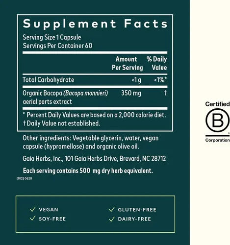 GAIA HERBS | Bacopa Monnieri Orgánica 350 mg | 60 Cápsulas Veganas | Apoyo a la Memoria, Concentración y Función Cognitiva