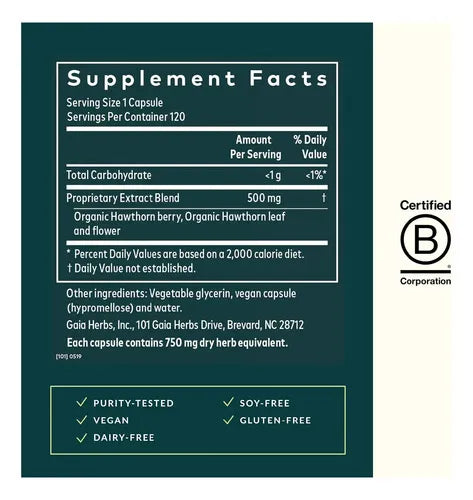 GAIA HERBS | Hawthorn Supreme Espino Blanco Orgánico 500 mg | 120 Cápsulas Veganas | Apoyo a la Salud Cardiovascular y Circulación