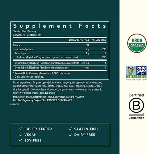 GAIA HERBS | GaiaKids Black Elderberry Gomitas de Saúco Negro Orgánico 429 mg | 40 Gomitas Veganas | Apoyo Inmunológico Infantil y Antioxidantes