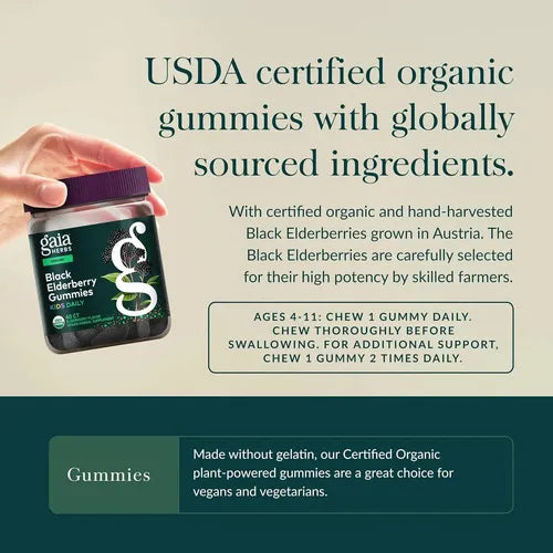 GAIA HERBS | GaiaKids Black Elderberry Gomitas de Saúco Negro Orgánico 429 mg | 40 Gomitas Veganas | Apoyo Inmunológico Infantil y Antioxidantes