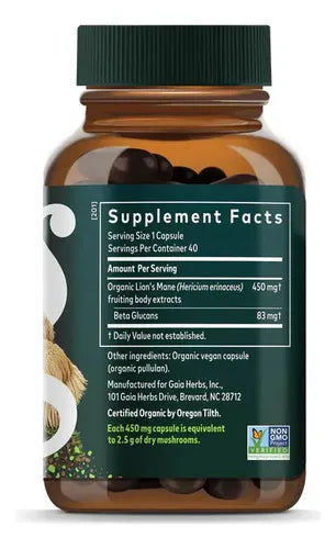 GAIA HERBS | Lion's Mane Mushroom Melena de León Orgánica 450 mg | Cápsulas Veganas | Apoyo a la Memoria, Concentración y Salud Cerebral