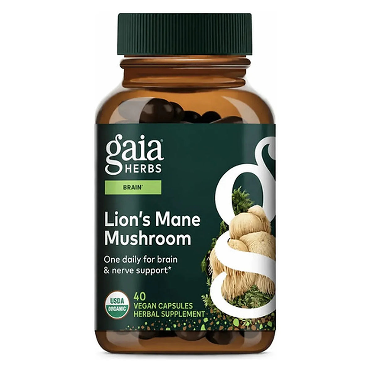 GAIA HERBS | Lion's Mane Mushroom Melena de León Orgánica 450 mg | Cápsulas Veganas | Apoyo a la Memoria, Concentración y Salud Cerebral