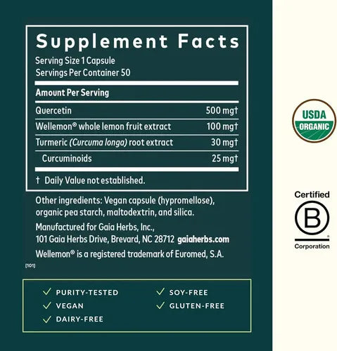 GAIA HERBS | Quercetin Synergy Quercetina 500 mg con Limón y Cúrcuma | 50 Cápsulas Veganas | Apoyo Inmunológico y Antioxidante