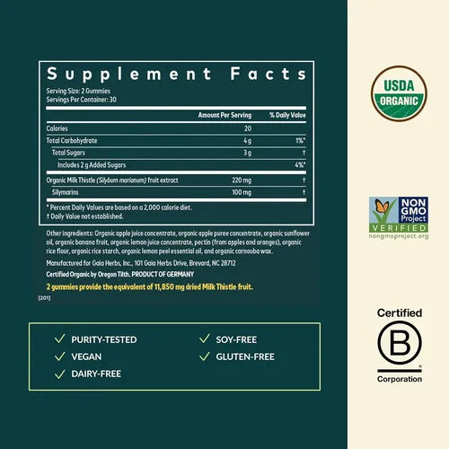 GAIA HERBS | Milk Thistle Cardo Mariano con Silimarina | 60 Gomitas Veganas Sabor Limón | Apoyo a la Salud Hepática y Protección Antioxidante
