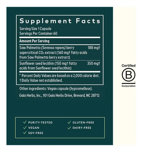GAIA HERBS | Saw Palmetto Palma de Sierra 188 mg | 60 Fitocápsulas Veganas | Apoyo Prostático y Bienestar Urinario Masculino