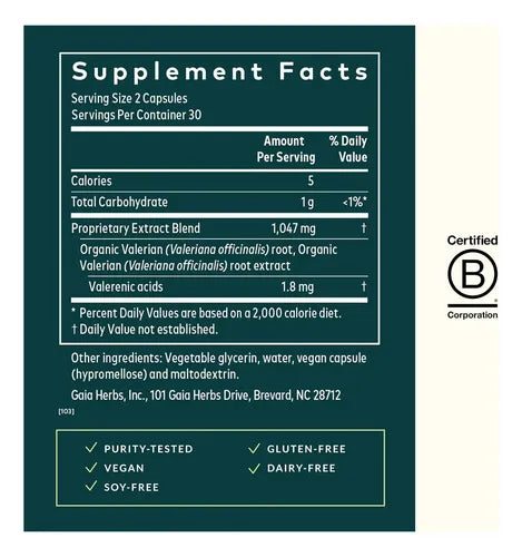 GAIA HERBS | Valerian Root Raíz de Valeriana Orgánica | 60 Fitocápsulas Veganas | Apoyo al Sueño, Relajación y Descanso Nocturno