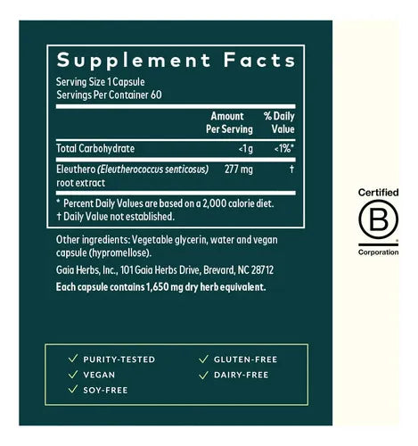GAIA HERBS | Eleuthero Root Raíz de Ginseng Siberiano 277 mg | 60 Cápsulas Veganas | Apoyo a la Energía, Resistencia Física y Estrés