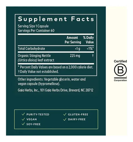GAIA HERBS | Nettle Leaf Hoja de Ortiga Orgánica 225 mg | 60 Fitocápsulas Veganas | Apoyo Respiratorio y Bienestar Inmunológico