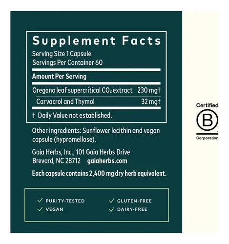 GAIA HERBS | Oil of Oregano Aceite de Orégano 230 mg | 60 Fitocápsulas Veganas | Apoyo al Sistema Inmunológico y Bienestar Digestivo