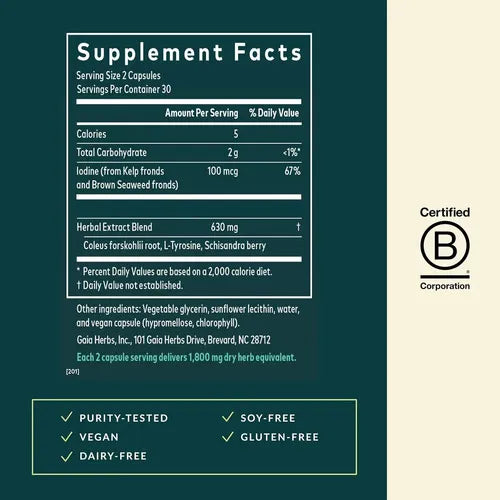 Gaia Herbs Thyroid Support | 60 Cápsulas Vegetales | Yodo y Extractos Herbales | Bienestar Metabólico | Suplemento Alimenticio