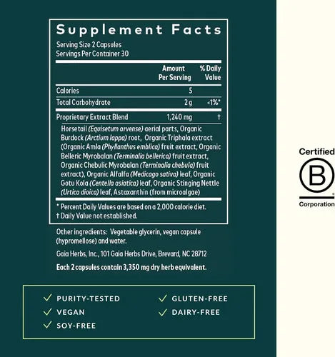 GAIA HERBS | Hair, Skin & Nail Support con Cola de Caballo y Astaxantina | 60 Cápsulas Veganas | Apoyo al Cabello, Piel y Uñas