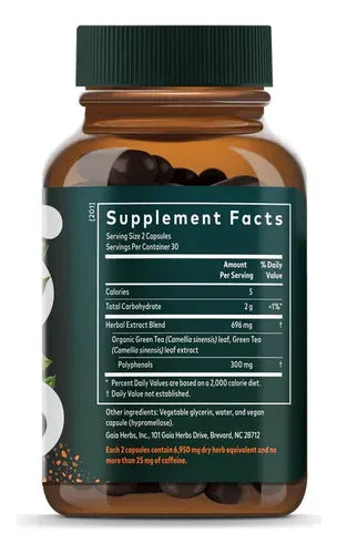 GAIA HERBS | Green Tea Té Verde Orgánico 702 mg | 60 Cápsulas Veganas | Apoyo Antioxidante, Energía y Bienestar Cardiovascular