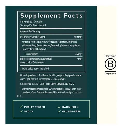 GAIA HERBS | Turmeric Supreme Cúrcuma Orgánica 616 mg | 60 Fitocápsulas Veganas | Apoyo Antioxidante y Bienestar Articular
