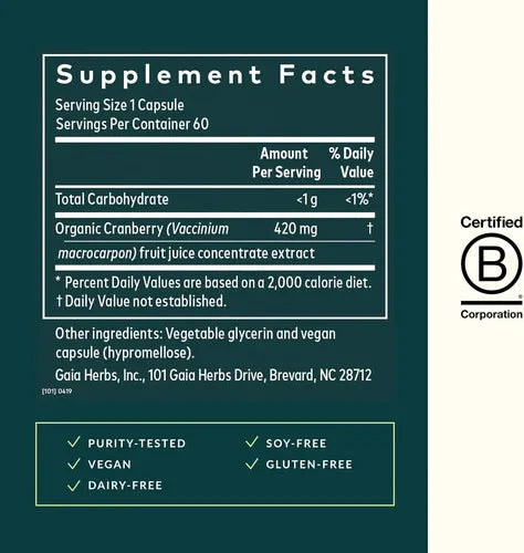 GAIA HERBS | Cranberry Concentrate Arándano Rojo Orgánico 420 mg | 60 Fitocápsulas Veganas | Apoyo Urinario y Antioxidante