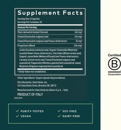 GAIA HERBS | Gas & Bloating con Carbón Activado e Hinojo | 50 Cápsulas Veganas | Apoyo Digestivo y Alivio de Gases e Hinchazón