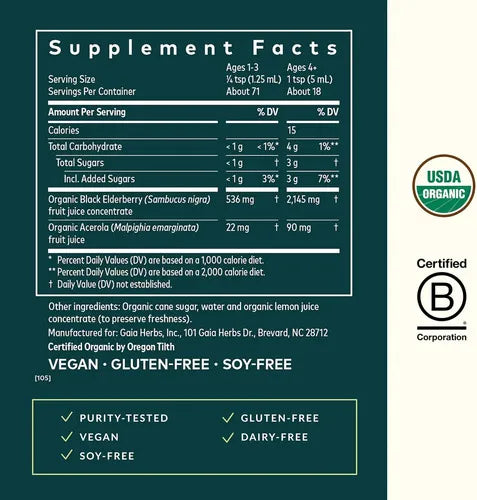 Gaia Herbs Black Elderberry | Saúco Negro Orgánico | 89 ml | Apoyo Inmunológico y Protección Antioxidante | Suplemento Alimenticio