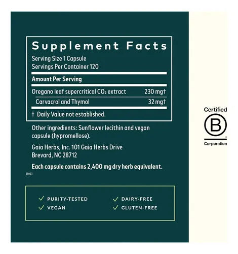 GAIA HERBS | Oil of Oregano Aceite de Orégano 230 mg | 120 Fitocápsulas Veganas | Apoyo Inmunológico y Antioxidante
