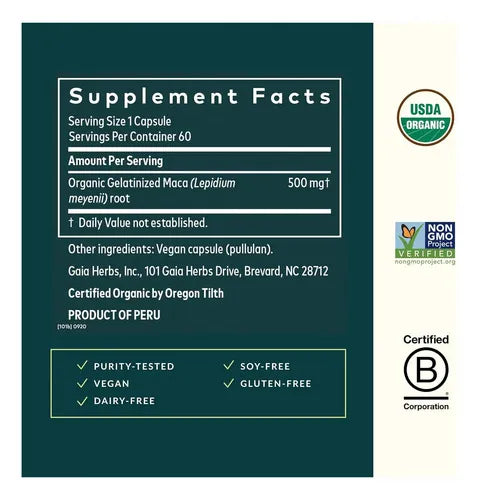 GAIA HERBS | Maca Root Raíz de Maca Orgánica 500 mg | 60 Cápsulas Vegetales | Apoyo a la Energía, Vitalidad y Resistencia Física