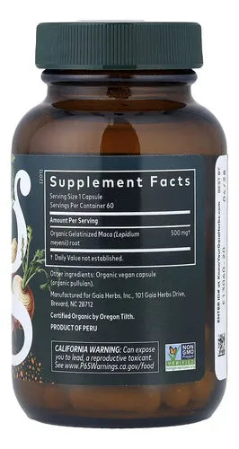 GAIA HERBS | Maca Root Raíz de Maca Orgánica 500 mg | 60 Cápsulas Vegetales | Apoyo a la Energía, Vitalidad y Resistencia Física