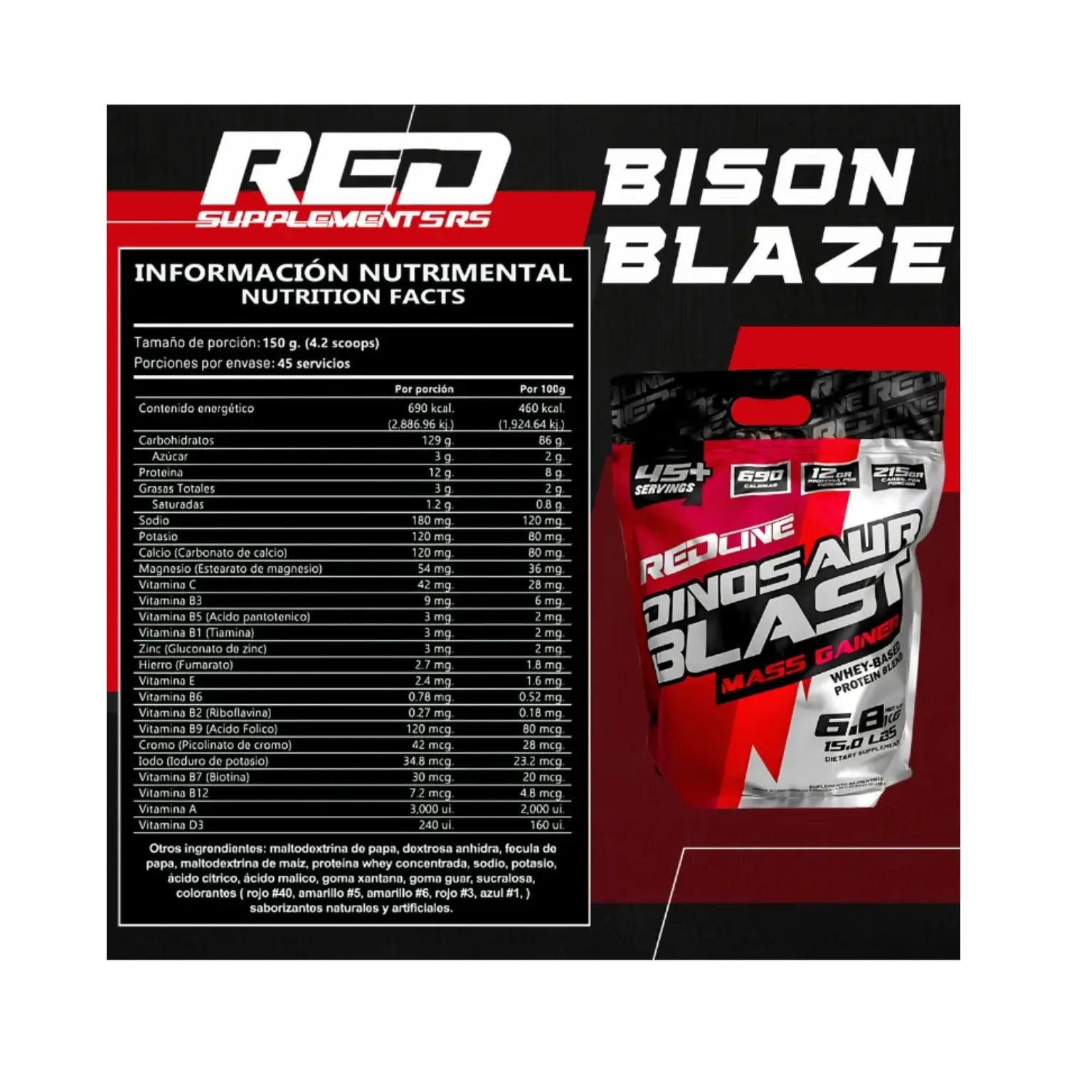 Redline Proteina whey Dinosaur Blast +45 Servis Sfn Sabor Natural