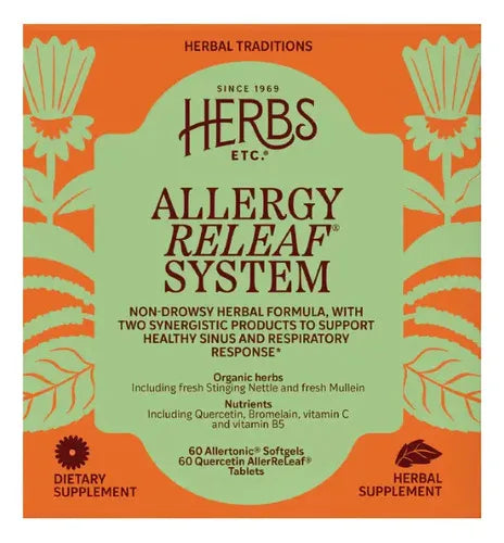Herbs Etc. Allergy ReLeaf System | 2 Frascos | 60 Cápsulas Blandas + 60 Tabletas | Quercetina y Extractos Herbales | Bienestar Respiratorio | Suplemento Alimenticio