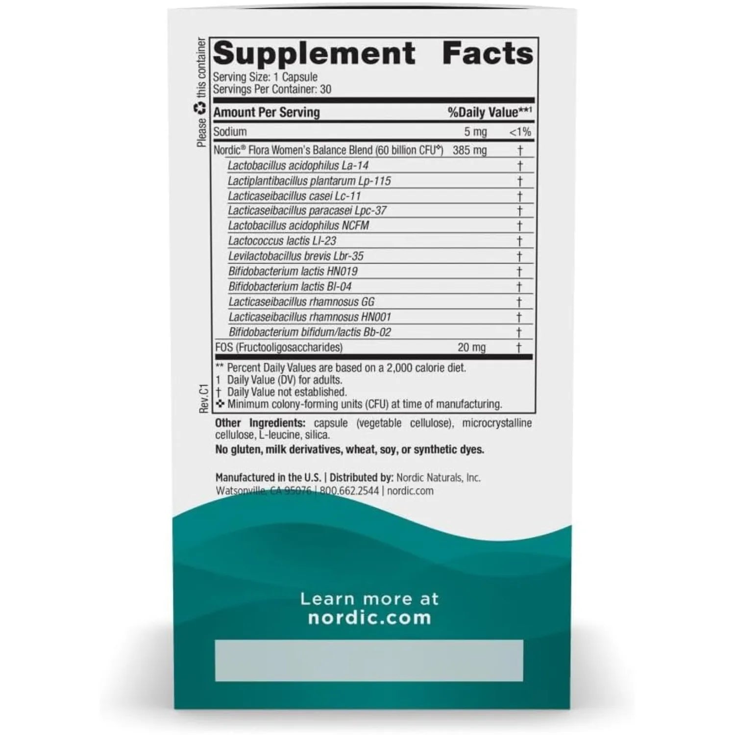 Nordic Naturals Nordic Flora Probiotic Women's Balance - 30 cápsulas - 12 cepas probióticas con 60 mil millones de cultivos - Apoyo intestinal