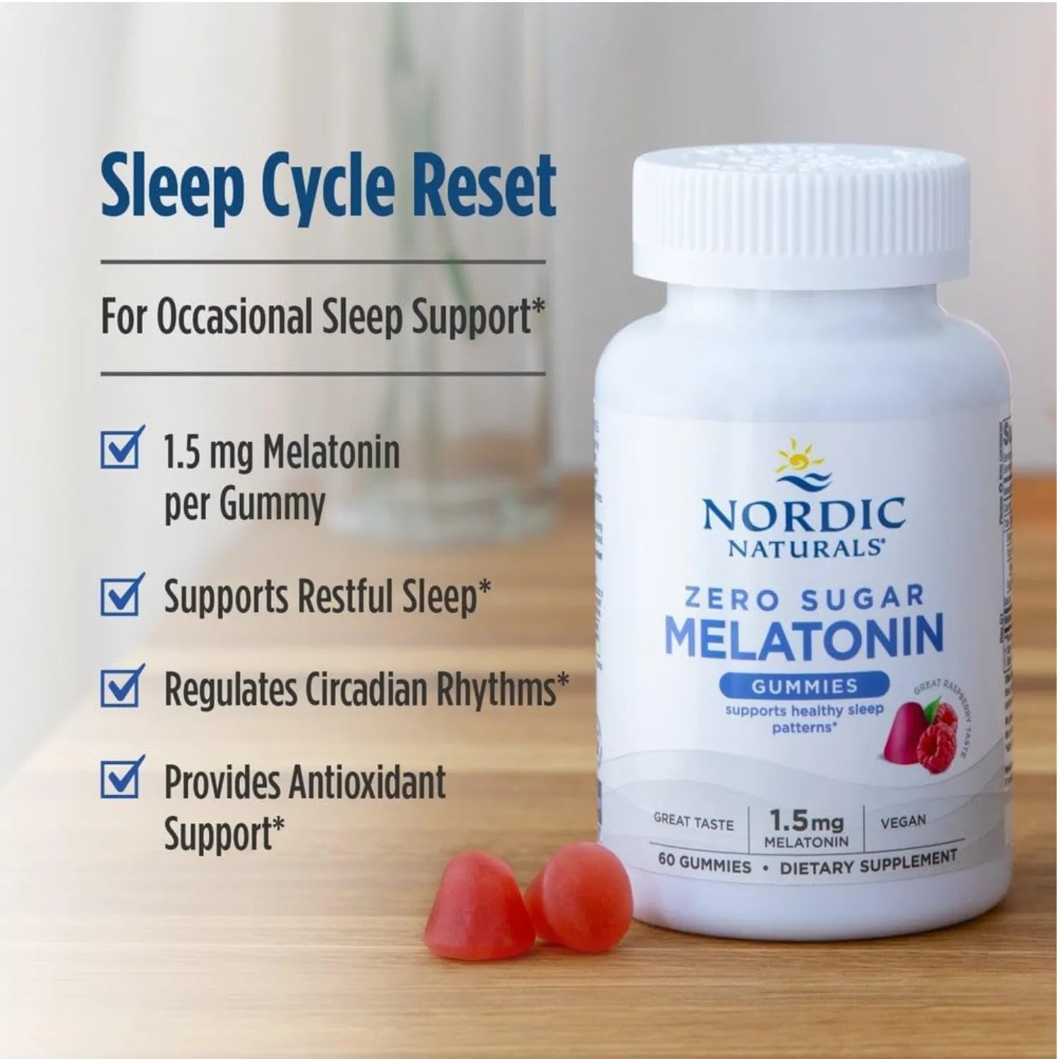 Nordic Naturals Gomitas de melatonina sin azúcar, frambuesa, 60 gomitas de 1.5 mg de melatonina