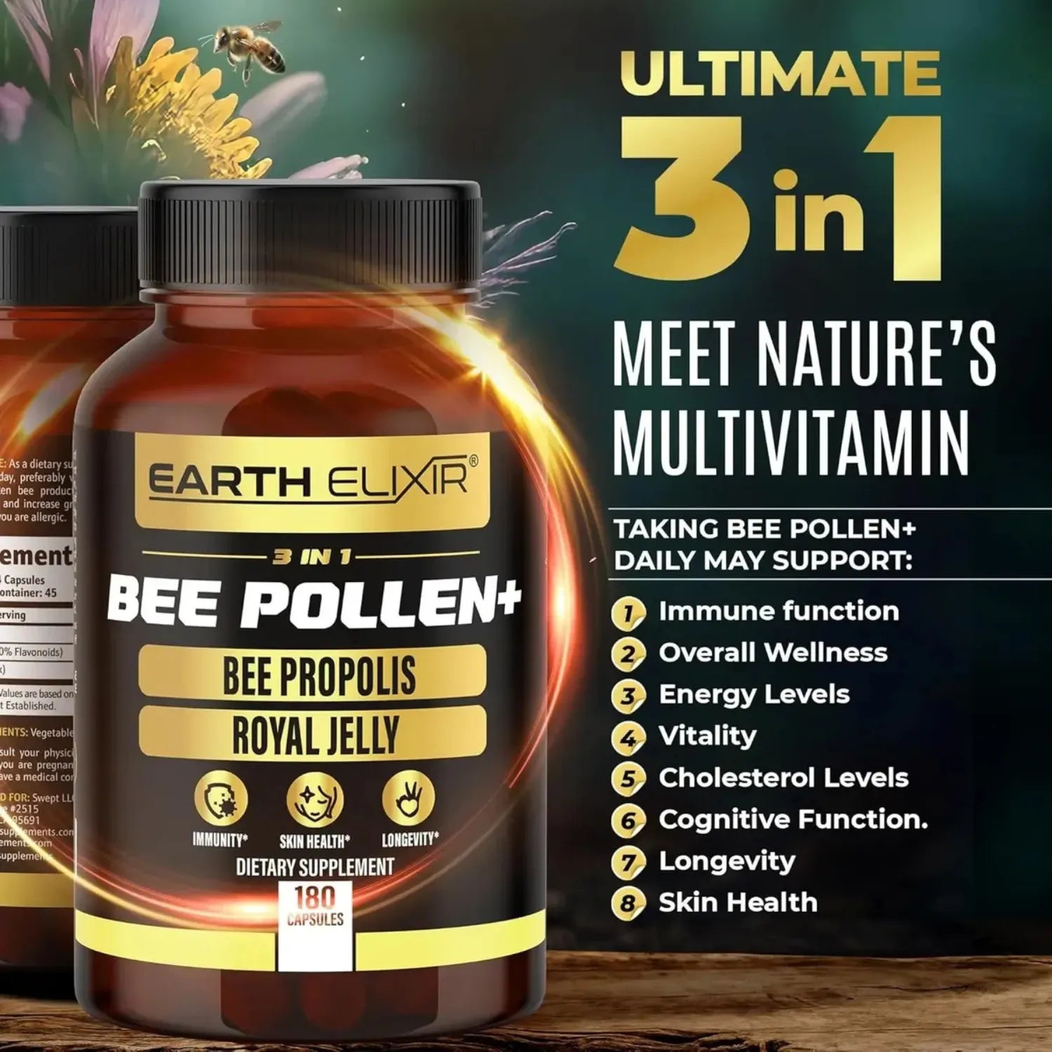 Earth Elixir Bee Pollen+ 180 Capsulas Polen de Abeja Orgánico