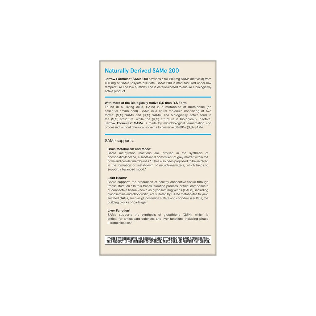 Jarrow Formulas, SAMe 200, 200 mg, 60 comprimidos sfn