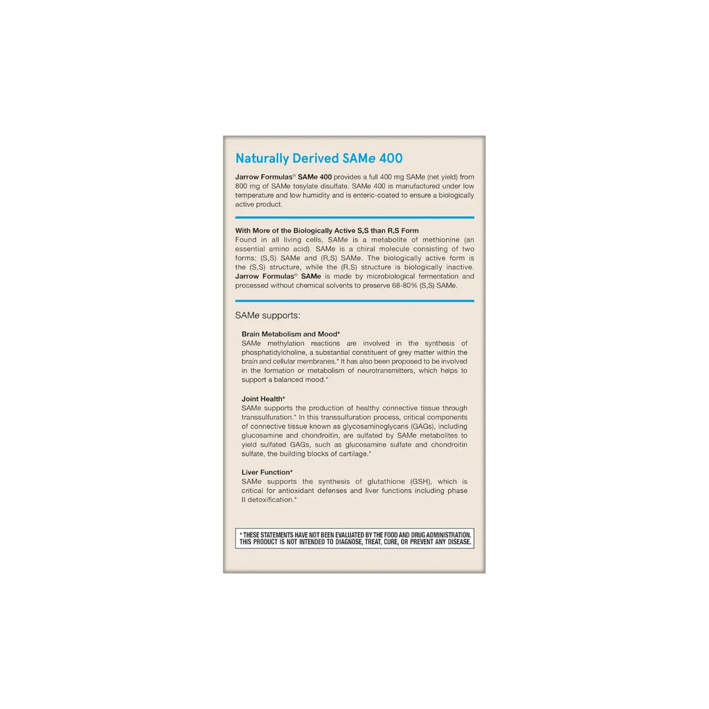 Jarrow Formulas SAMe tosilato de disulfato 400mg 30 tabs sfn